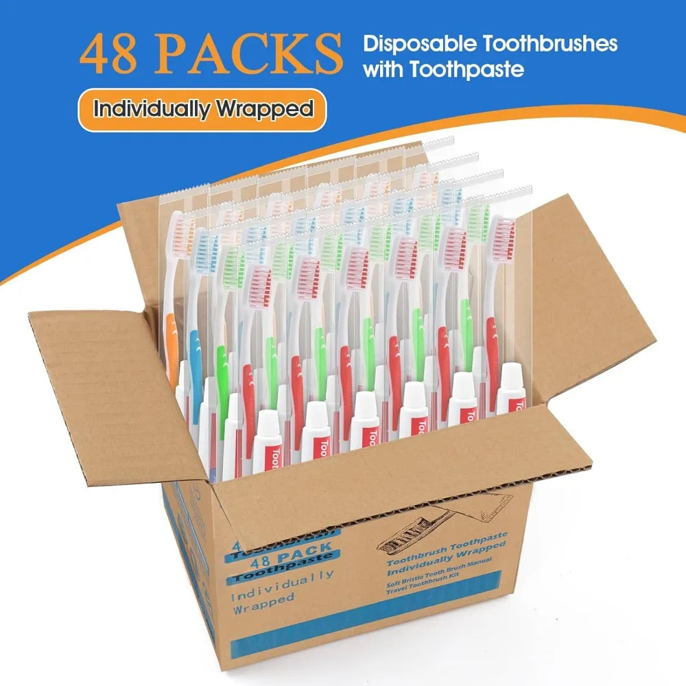 48 Packs Disposable Toothbrushes with Toothpaste - Individually Wrapped Travel Size Toothbrush and Toothpaste Set