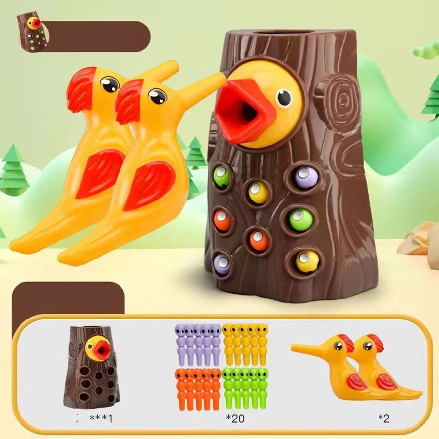 Montessori Educational Toys for Children – Woodpecker Catch Worms Magnetic Game, Toddler Development Busy Board Toy for Kids