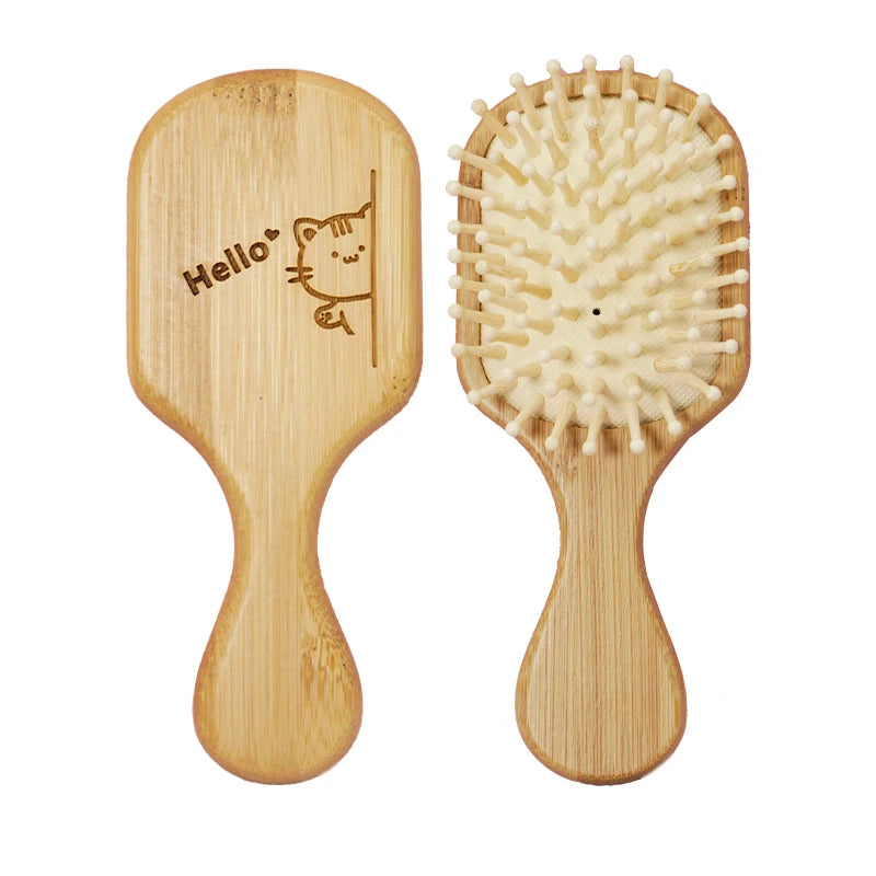 Cute Cat Hair Brush – Natural Wooden Anti-Static Detangle Brush, Scalp Massage Comb, Air Cushion Styling Tool for Girls