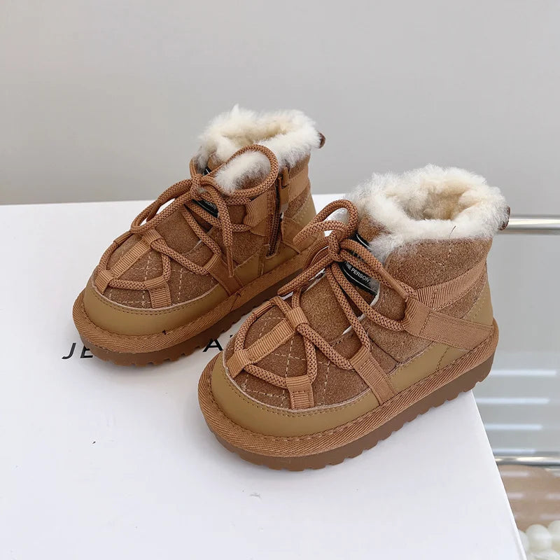 Winter Children Snow Boots Genuine Leather Warm Plush Non-Slip Toddler Boots