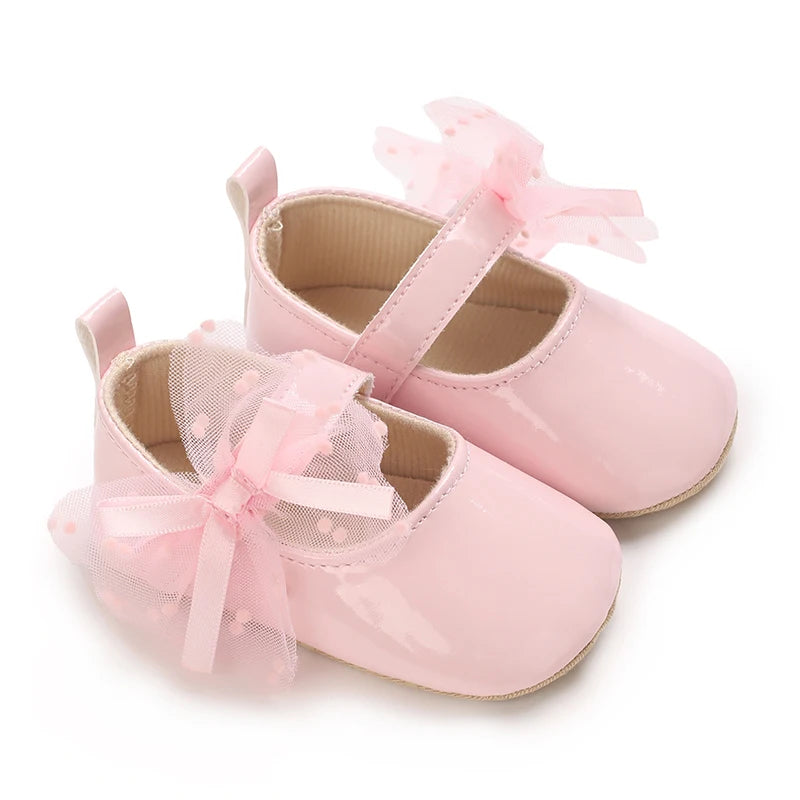 0-18M Lace Bow Mary Jane Spring Baby Shoes – PU Soft Sole Non-Slip First Walker Princess Shoes for Newborn Girls