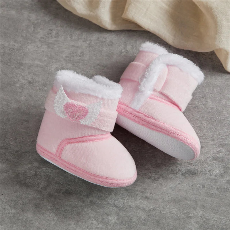 Suefunskry Newborn Baby Winter Snow Boots, Contrast Color Ankle Boots, Warm Plush Heart Wings Baby Walking Shoes for Toddlers (0-18M)