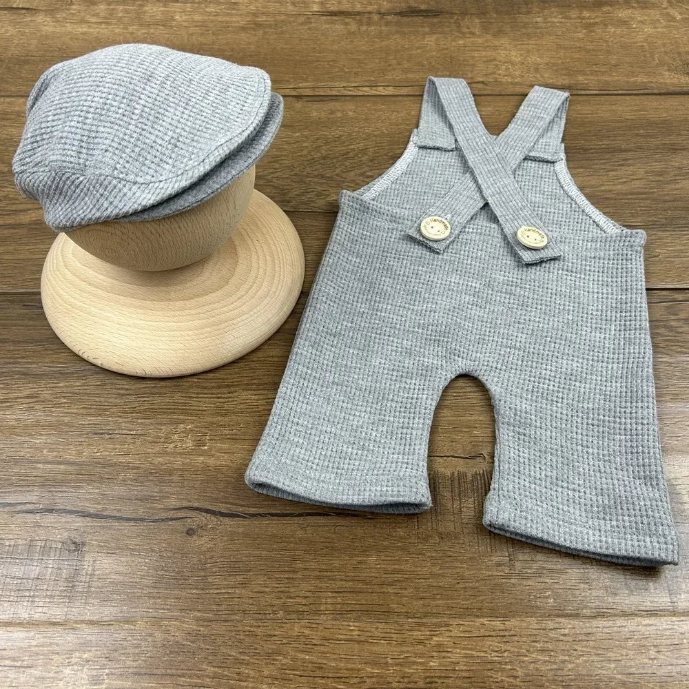 2Pcs Newborn Photography Outfit Set – Cap & Suspenders Studio Photo Props, Baby Hat & Overalls Accessories for Fotografia
