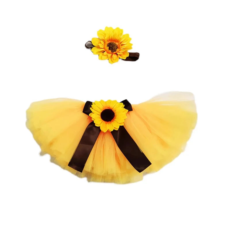 Baby Photography Unique Sunflower Design Newborn Outfit Tutu Bow Skirt Flower Headdress for 0-1 Month