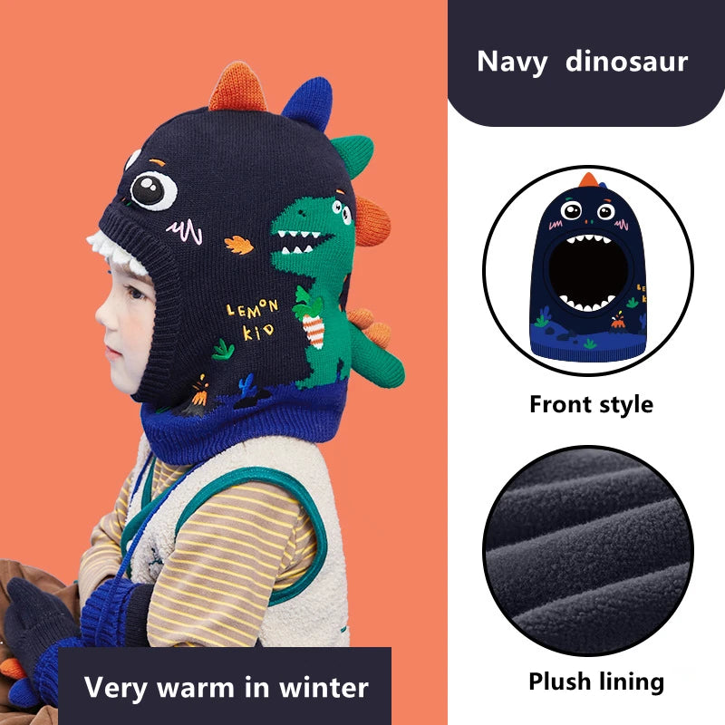 Kids Hat, Scarf & Gloves Set – 3D Dinosaur & Unicorn Modeling, Winter Windproof Knitted Beanie Cap for Baby Girls & Boys, Warm Kids Accessories