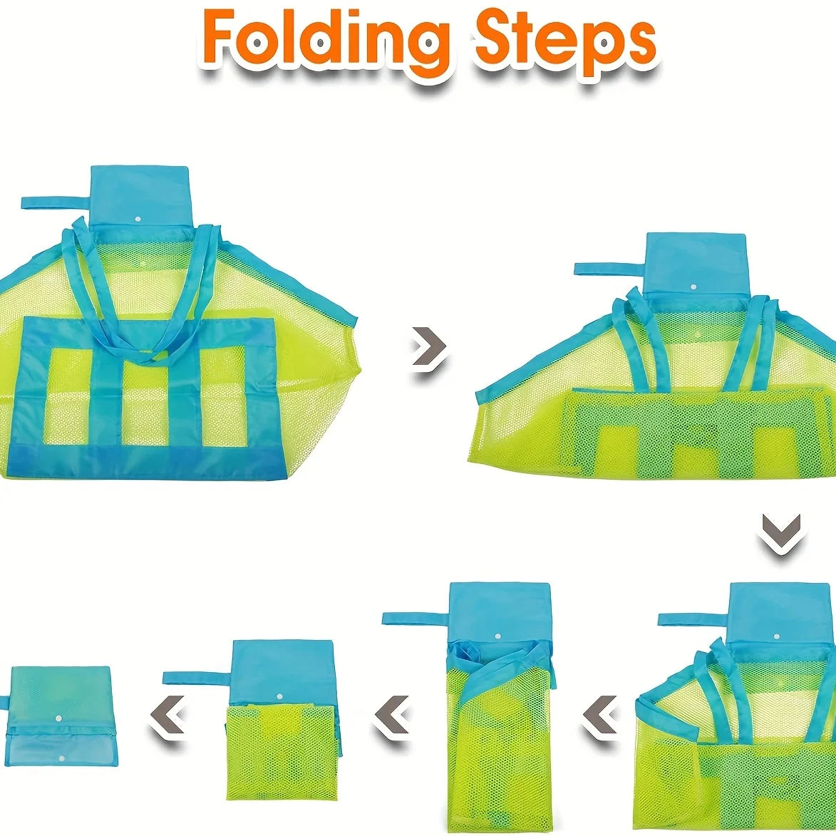 Large Mesh Beach Toy Bag With Blue & Green Side Pockets — Durable Seashell Collecting Tote For Sand Toys & Swimming