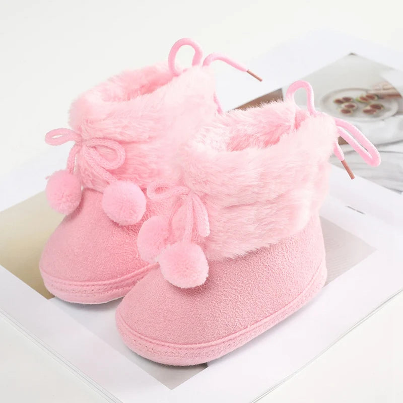 Winter Plus Velvet Snow Booties for Baby, Warm Boots Shoes, Baby Girl Shoes with Pompom, Soft Sole Indoor Walking Shoes