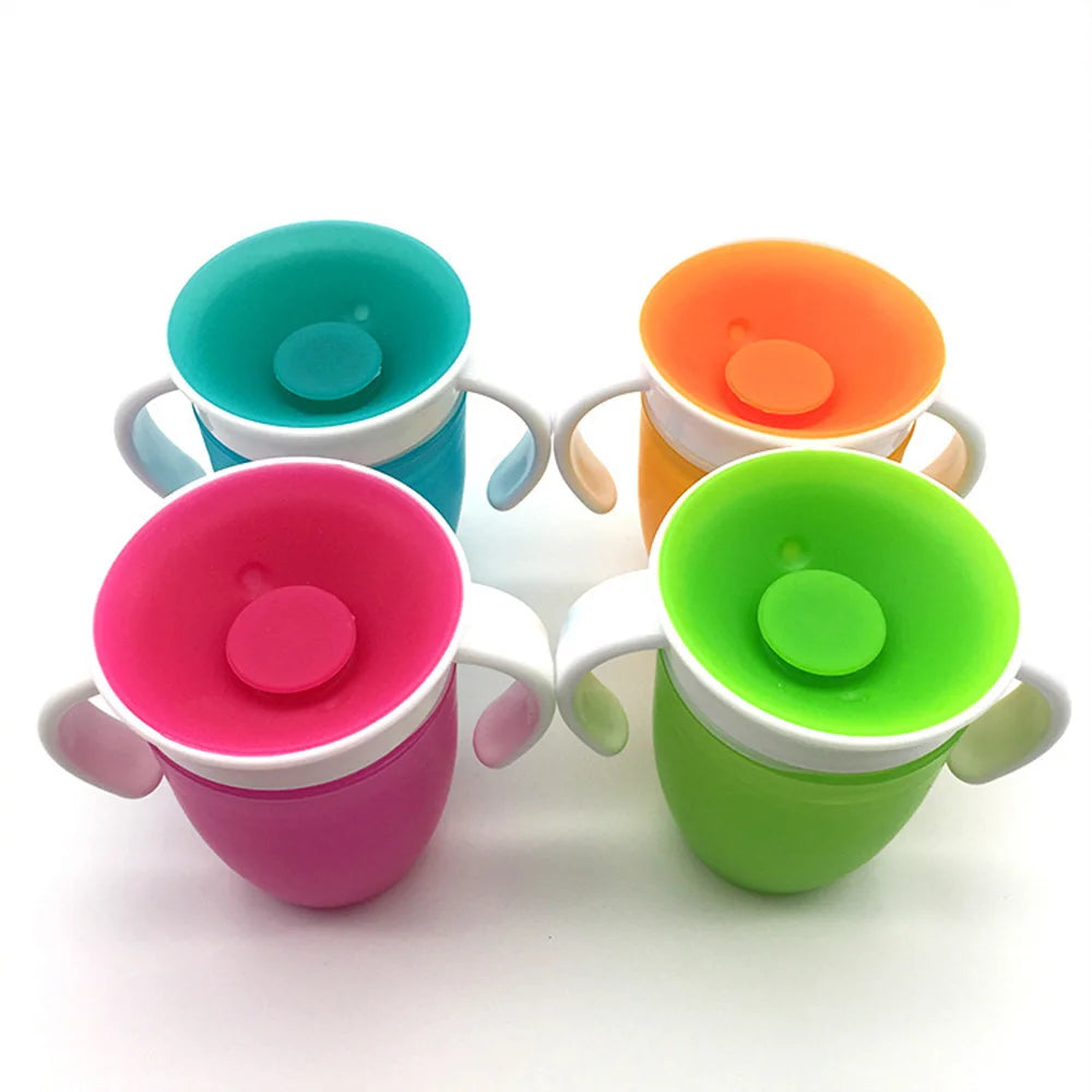360° Rotatable Baby Learning Drinking Cup with Double Handle, Flip Lid, Leakproof Silicone Infants Water Bottle