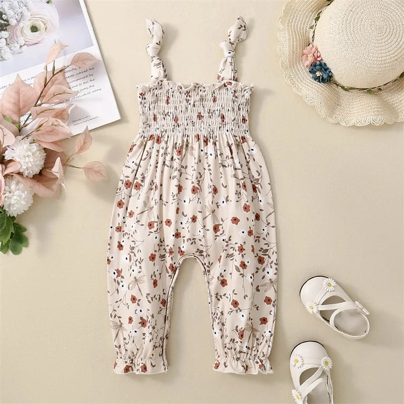 Baby Girl Floral Jumpsuit – Tie-Up Suspender Overalls Romper (Summer Outfit, 0-24 Months, 2024 New)