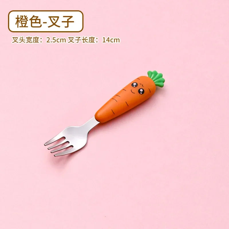 Cartoon Carrot Spoon & Fork Set for Babies - Cute Short Rice Spoon, Children's Tableware, Stainless Steel Feeding Utensils