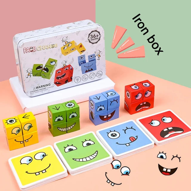 Cube Face Change Building Blocks – Wooden Puzzle Board Game, Montessori Expression Blocks for Children, Kids Toy Gift