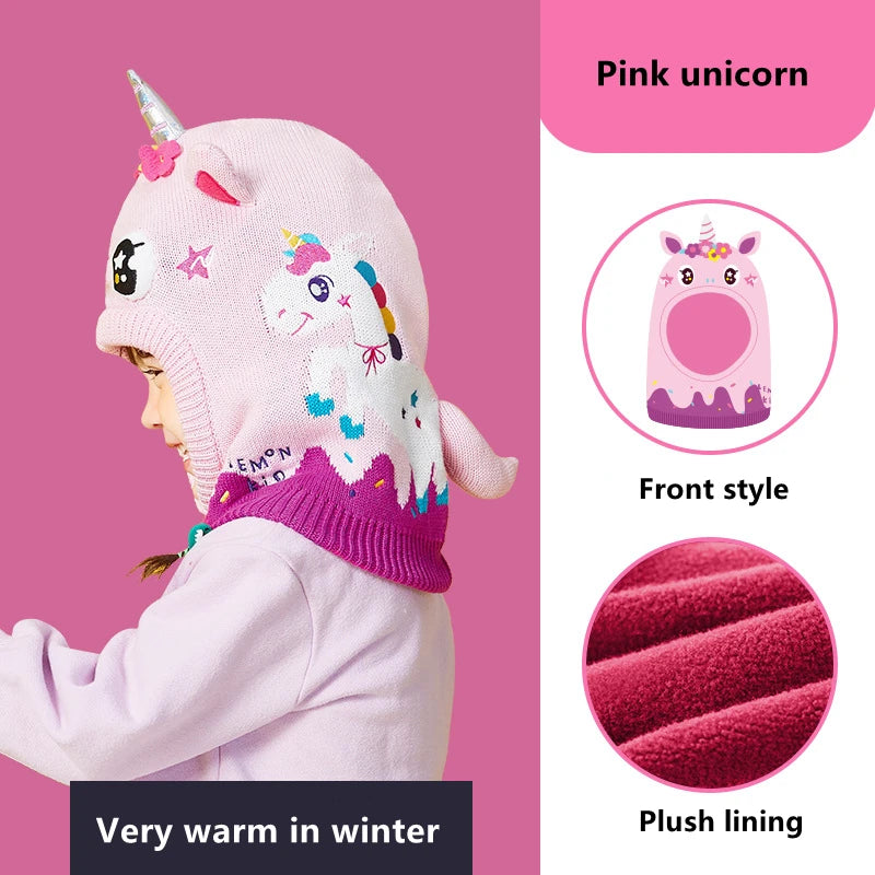 Kids Hat, Scarf & Gloves Set – 3D Dinosaur & Unicorn Modeling, Winter Windproof Knitted Beanie Cap for Baby Girls & Boys, Warm Kids Accessories