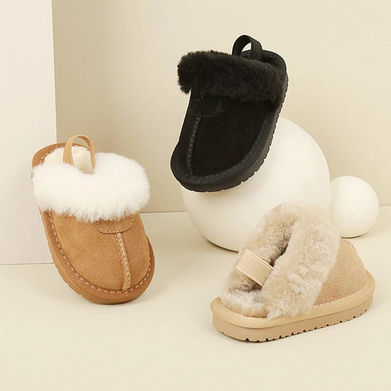 Little Kids Snow Boots, Solid Warm Shallow Boys Girls Genuine Leather Winter Shoes with Thick Plush, Toddler Casual Shoes