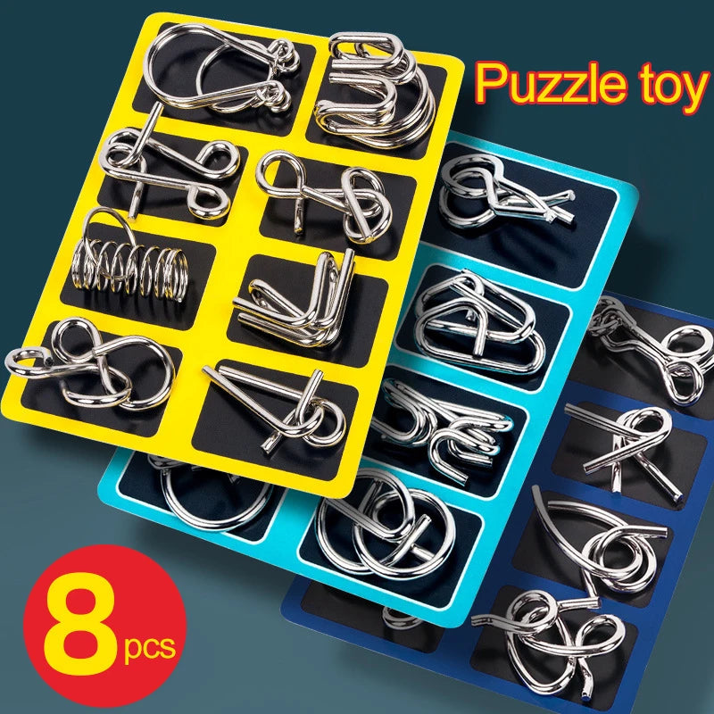 8 Pieces Metal Montessori Wire Puzzle Set – Mind Teaser Educational Game for Kids and Adults