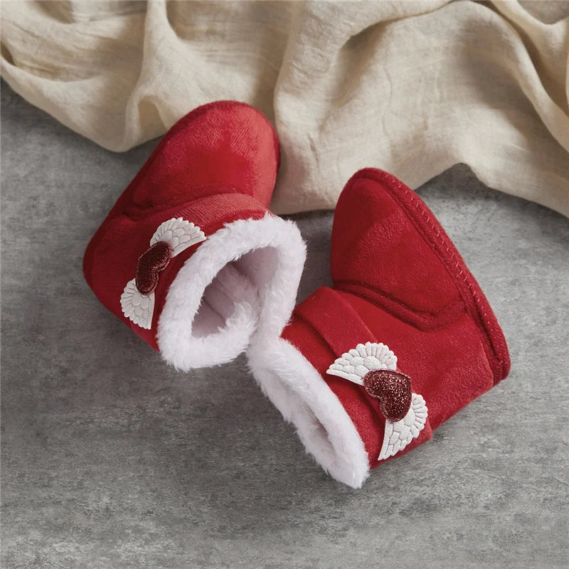 Suefunskry Newborn Baby Winter Snow Boots, Contrast Color Ankle Boots, Warm Plush Heart Wings Baby Walking Shoes for Toddlers (0-18M)
