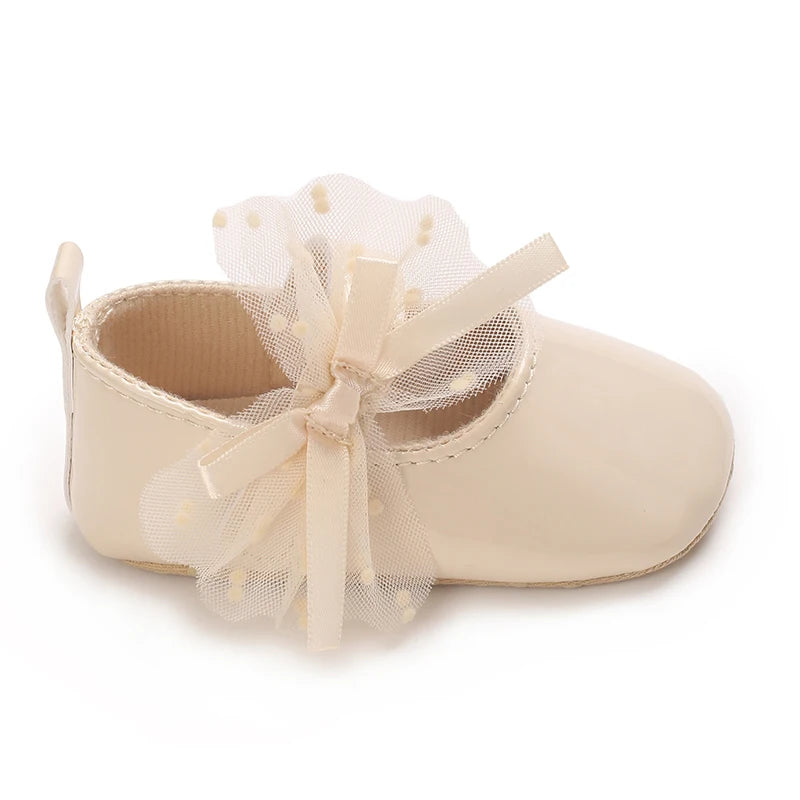 0-18M Lace Bow Mary Jane Spring Baby Shoes – PU Soft Sole Non-Slip First Walker Princess Shoes for Newborn Girls