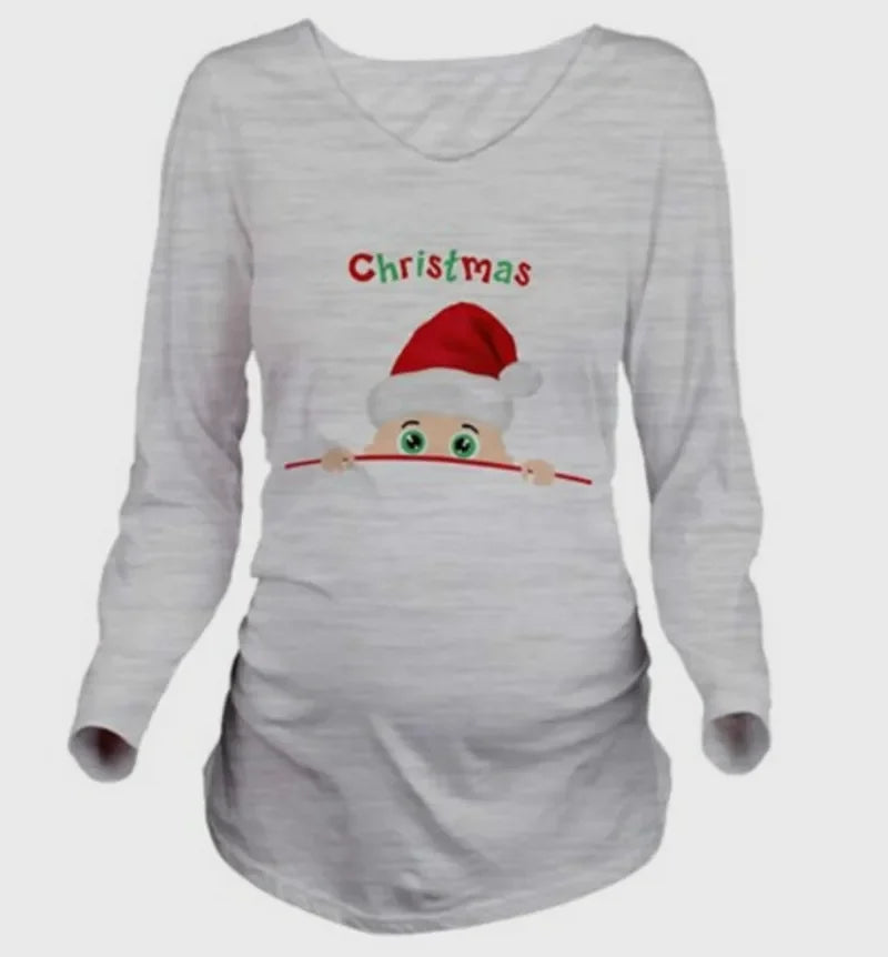 Pregnant Woman Christmas Long Sleeve T-Shirt | Santa Baby Print | Side Ruched Maternity Top | Pregnancy Clothes Tee