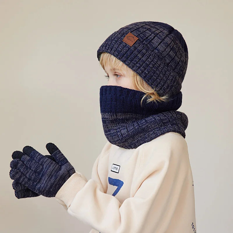 Winter Children’s Hat, Scarf & Gloves Set – Knitted Beanie with Thick Velvet Lining – Warm Neck Warmer & Mittens for Boys & Girls (4-10Y)