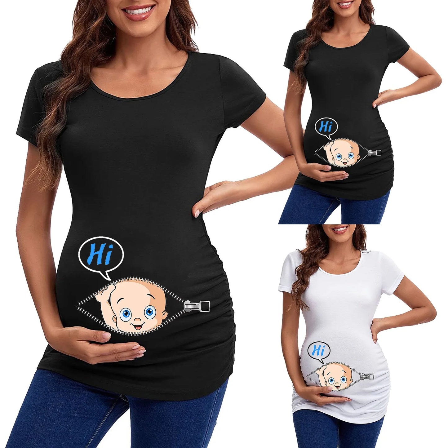 Maternity Top Women's Summer Pregnant Short Sleeve Fun Printed Casual Pregnancy Clothes, Daily Wear Elastic Cotton Tops for Women