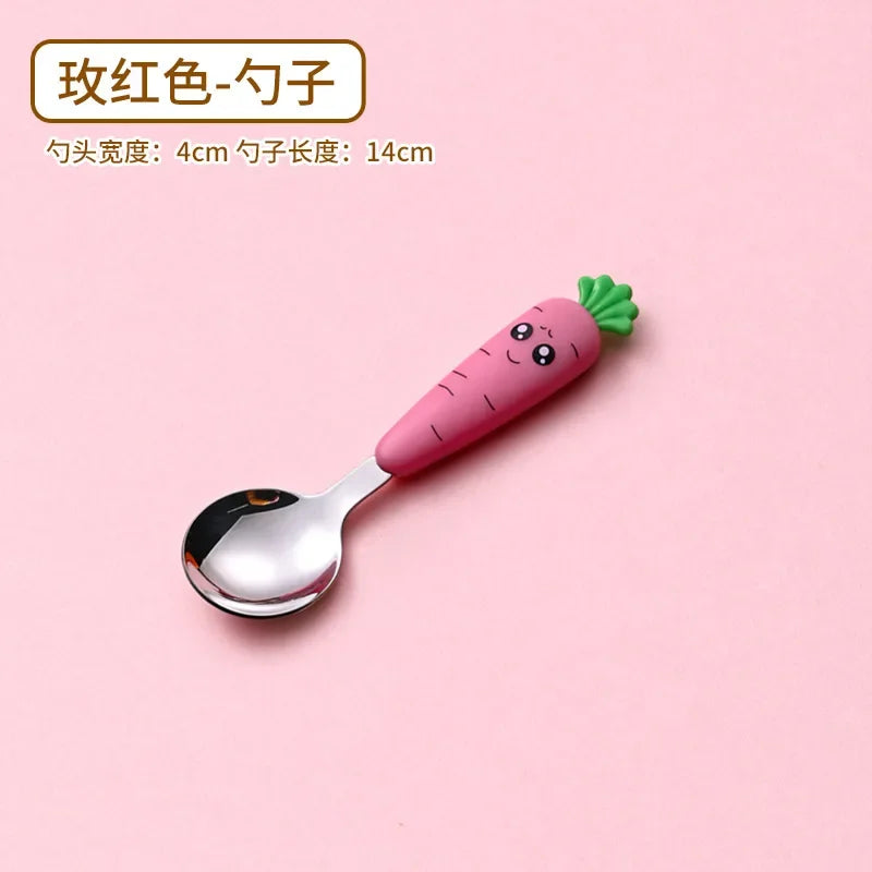 Cartoon Carrot Spoon & Fork Set for Babies - Cute Short Rice Spoon, Children's Tableware, Stainless Steel Feeding Utensils