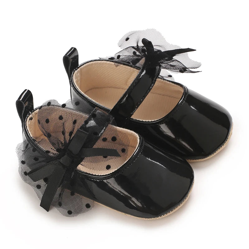 0-18M Lace Bow Mary Jane Spring Baby Shoes – PU Soft Sole Non-Slip First Walker Princess Shoes for Newborn Girls