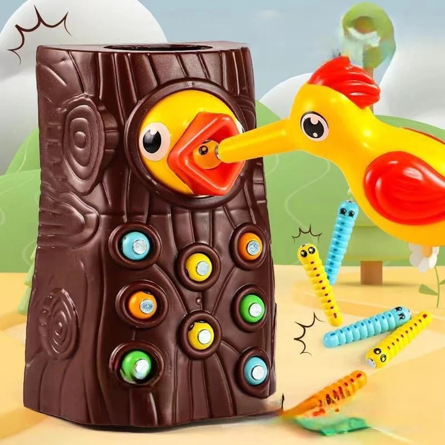 Montessori Educational Toys for Children – Woodpecker Catch Worms Magnetic Game, Toddler Development Busy Board Toy for Kids