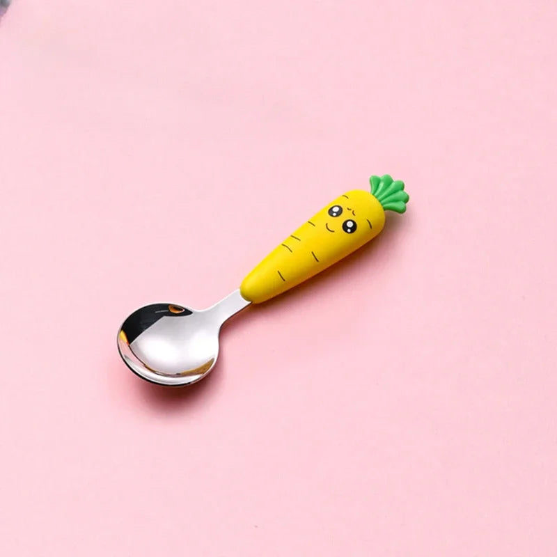 Cartoon Carrot Spoon & Fork Set for Babies - Cute Short Rice Spoon, Children's Tableware, Stainless Steel Feeding Utensils
