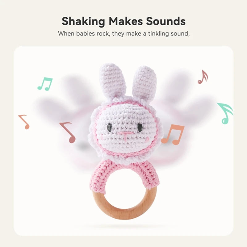1pc Baby Wooden Teether & Crochet Rattle Toy - BPA-Free Mobile Play Gym, Rodent Rabbit Rattle for Newborns | Educational Baby Gift