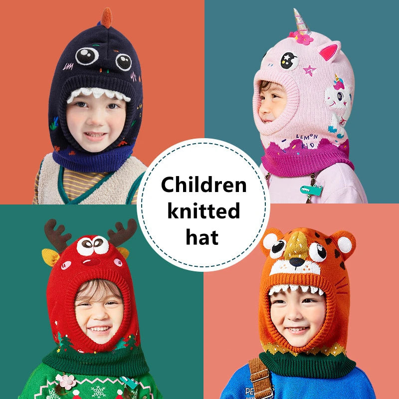 Kids Hat, Scarf & Gloves Set – 3D Dinosaur & Unicorn Modeling, Winter Windproof Knitted Beanie Cap for Baby Girls & Boys, Warm Kids Accessories
