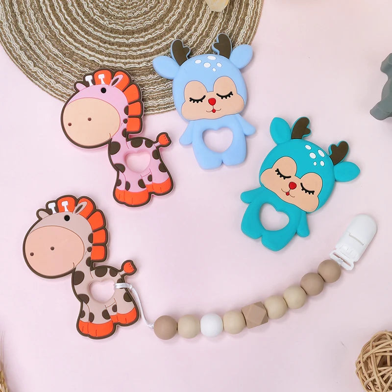 TYRY.HU 1Pc Baby Silicone Teether - BPA-Free Cartoon Frog & Deer Teething Necklace Pendant, Nursing Teeth Gift, Baby Silicone Teether