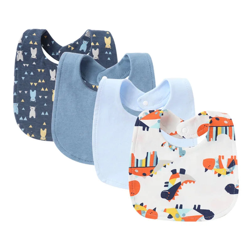 4Pcs/Set Infant Saliva Towel Baby Bibs | Cute Printed Double Layer Cotton Absorbent Burp Cloths for Newborn Boys & Girls with Pocket - Kidzy Market
