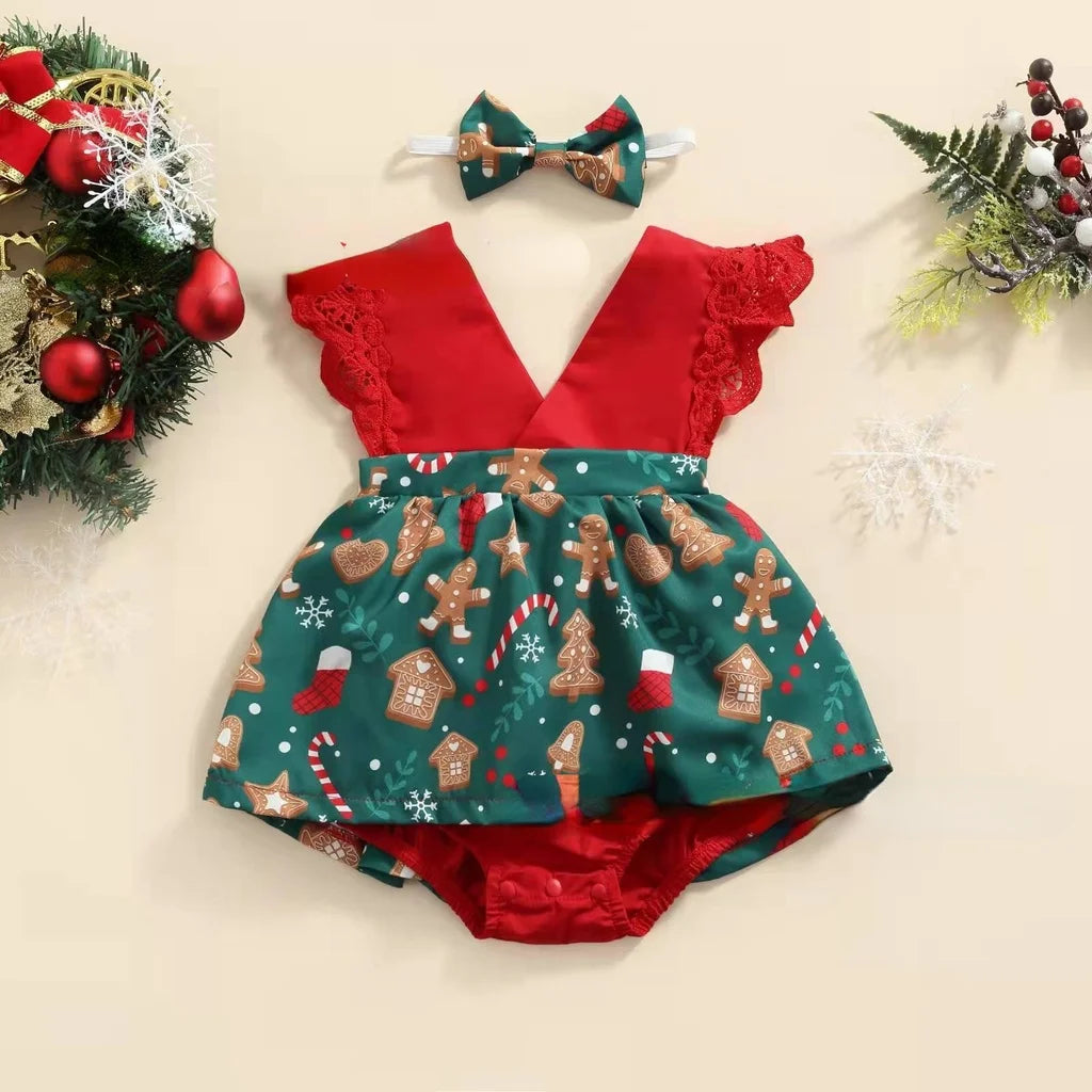 Newborn Baby Girl Summer Lace Romper Dress – Floral Flying Sleeve Jumpsuit with Headband (0-18 Months)