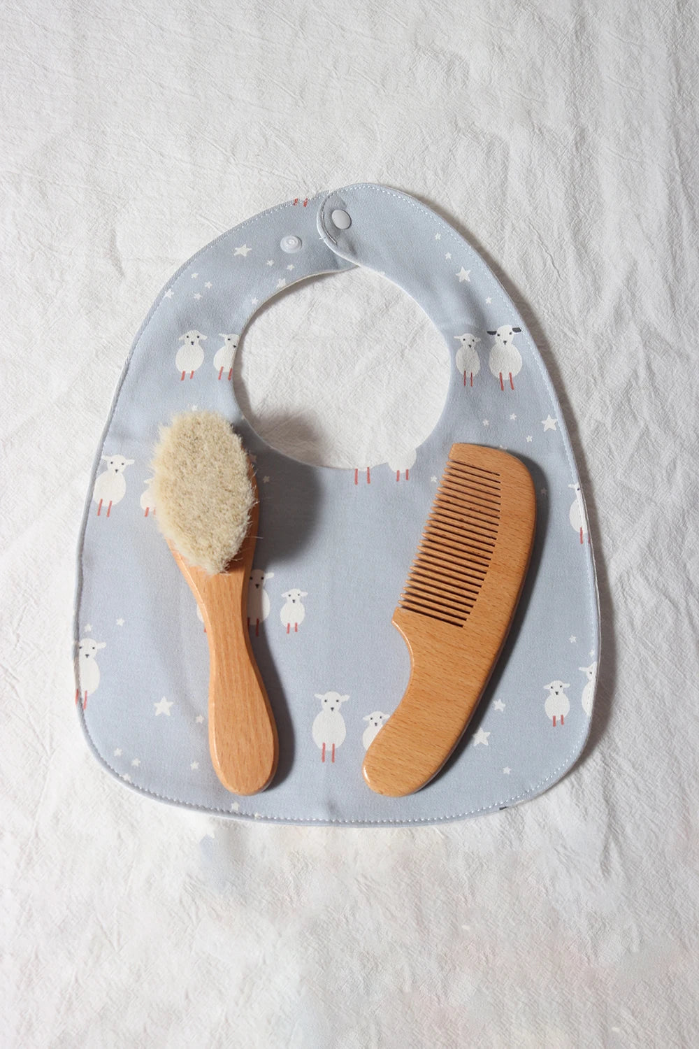 Baby Comb Brush Set - Newborn Gift Set with Natural Wool Beech Wooden Comb, Baby Bib, Pacifier Clip, and Hair Brush