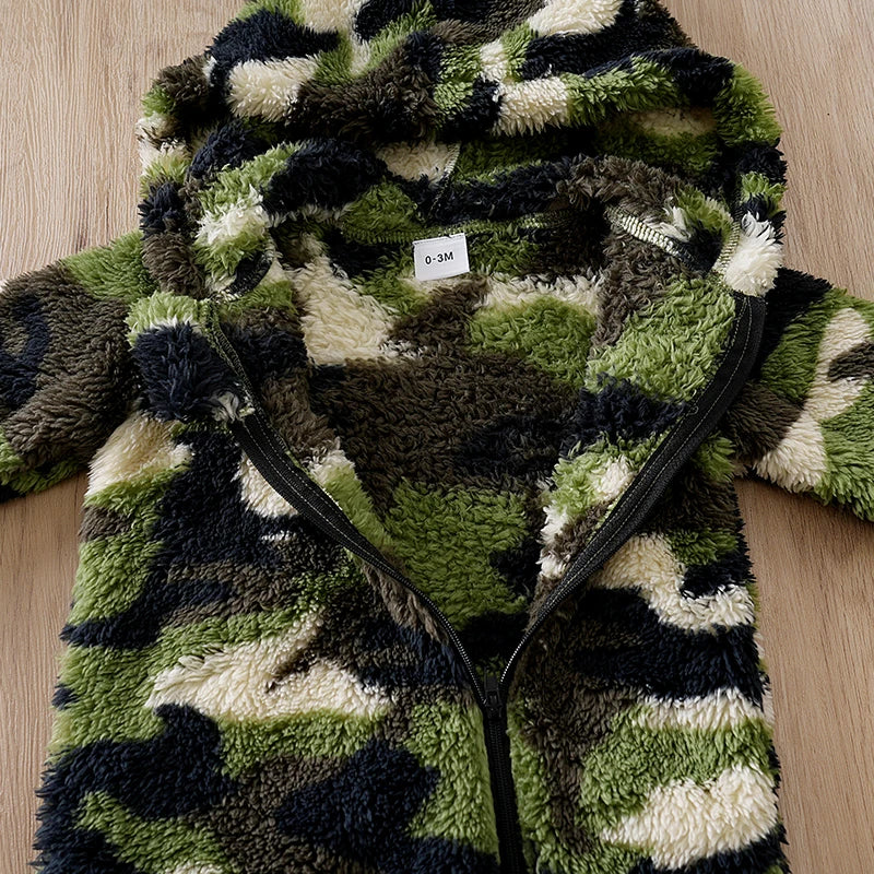 Winter Baby Boy Hoodie Jumpsuit – Plush Camouflage Romper (Fashionable & Warm, 0-1 Year)
