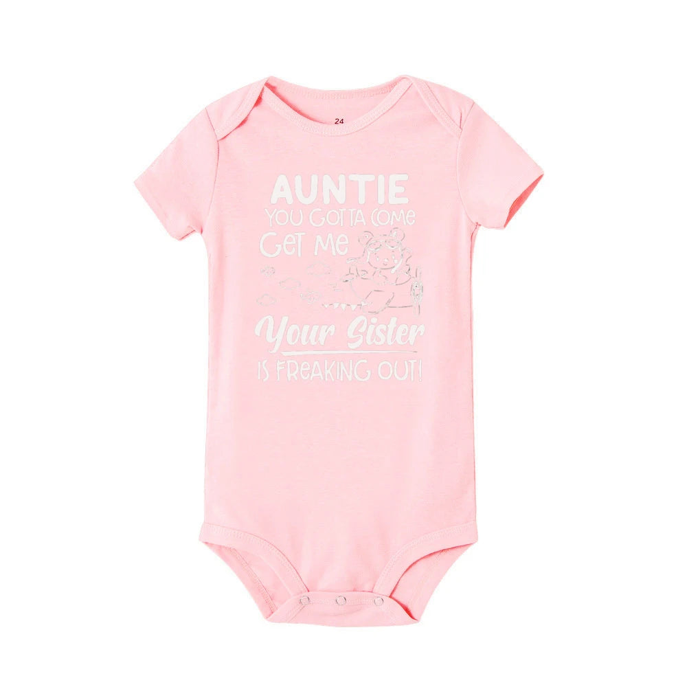 "Auntie, You Gotta Come Get Me" Baby Romper – Funny Letter Print Newborn Bodysuit – Summer Short-Sleeve Infant Clothes (0-1Y)