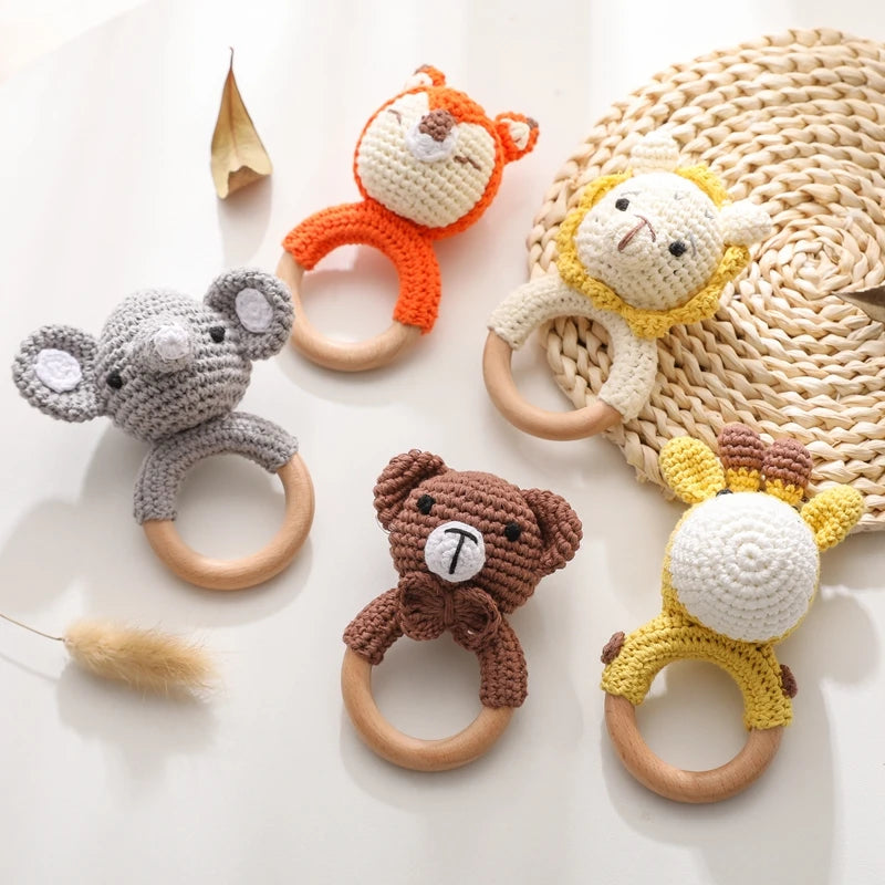 1pc Baby Teether Music Rattle - Animal Crochet Rattle, Elephant & Giraffe Wooden Ring, Babies Gym Montessori Children’s Toys