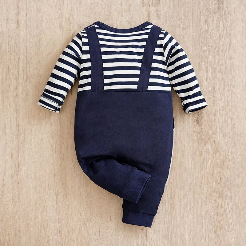 Baby Elephant Striped Jumpsuit – Long Sleeve Cotton Onesie for Newborns & Toddlers (Unisex, 0-18 Months)