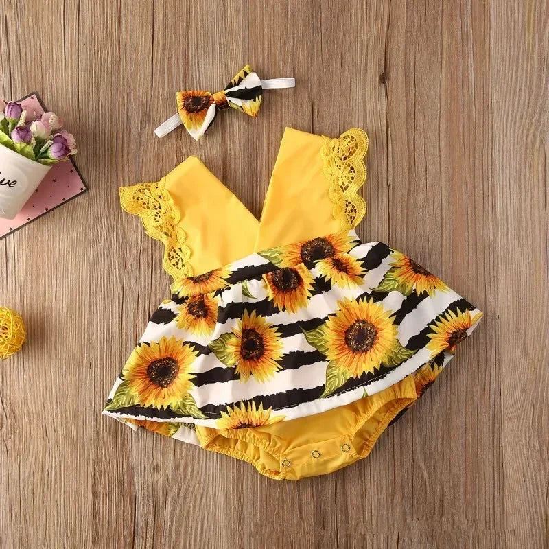Newborn Baby Girl Summer Lace Romper Dress – Floral Flying Sleeve Jumpsuit with Headband (0-18 Months)