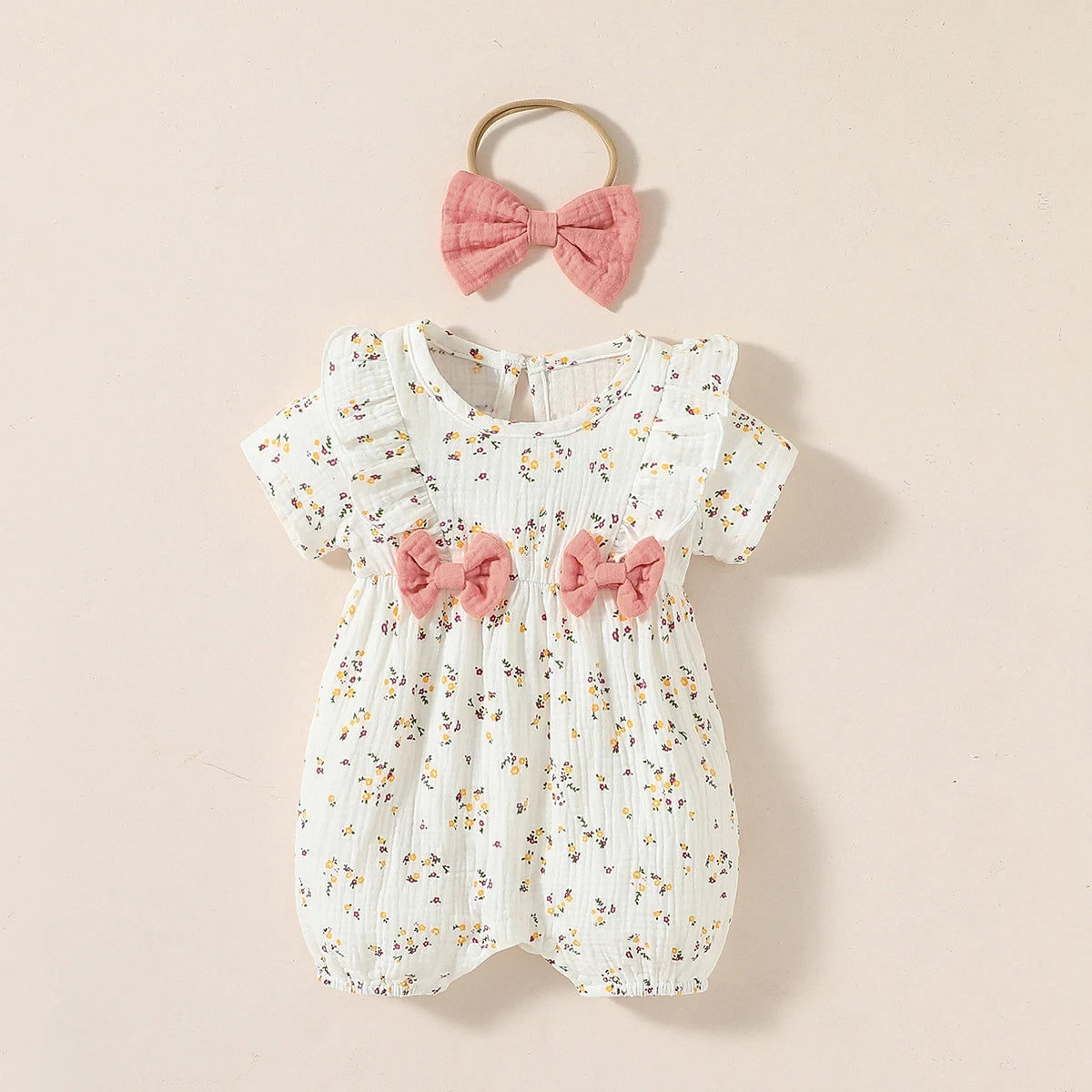 Baby Girl Summer Jumpsuit – Short Sleeve Heart Print Romper with Bow & Headband (Newborn-9M, 2024 Streetwear)