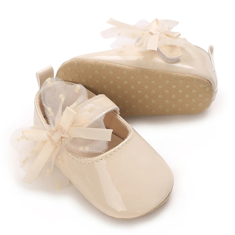 0-18M Lace Bow Mary Jane Spring Baby Shoes – PU Soft Sole Non-Slip First Walker Princess Shoes for Newborn Girls