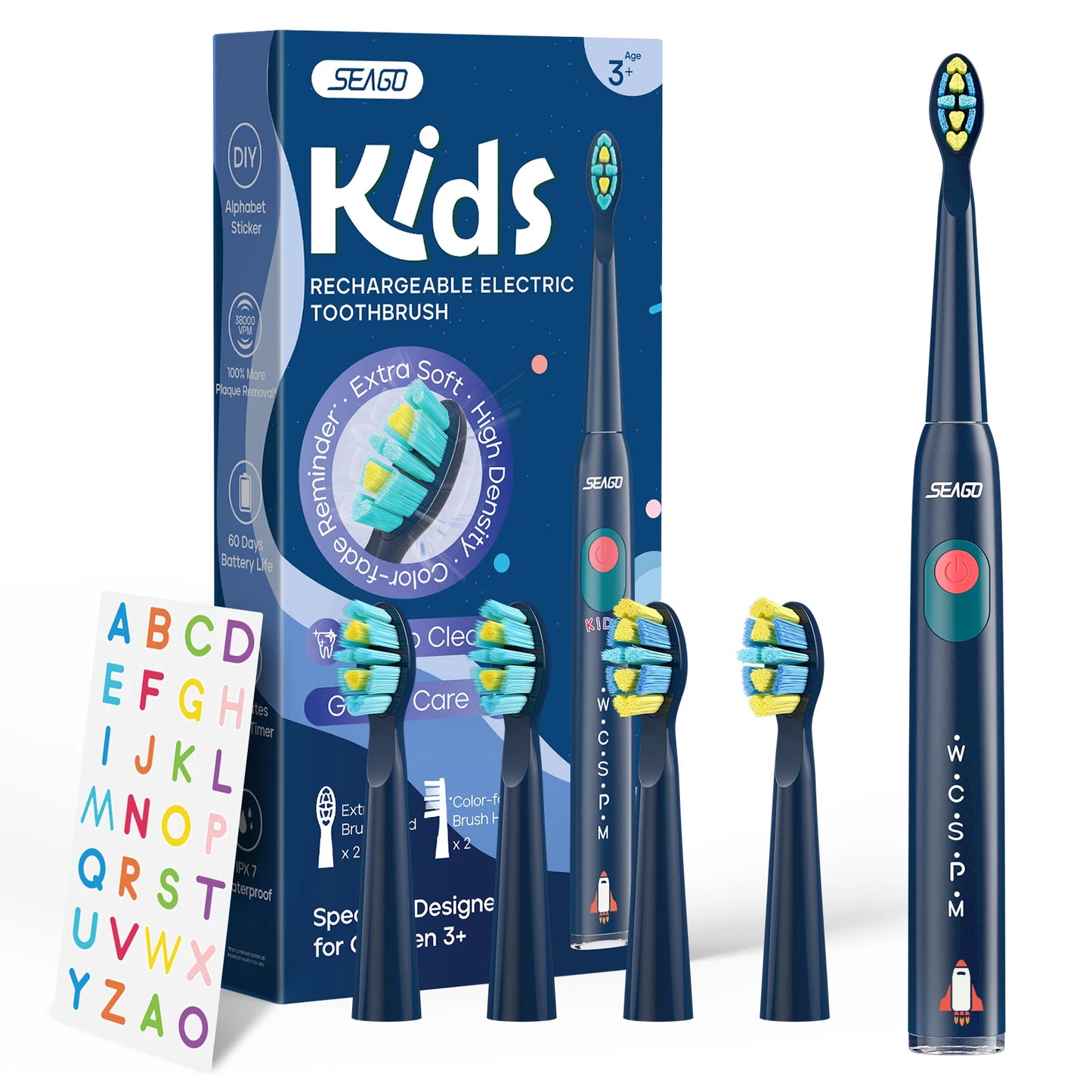 Seago Kids Electric Toothbrush for 6+ Years - 5 Modes Rechargeable IPX7 Waterproof Sonic Toothbrush with Replacement Head SG-2303