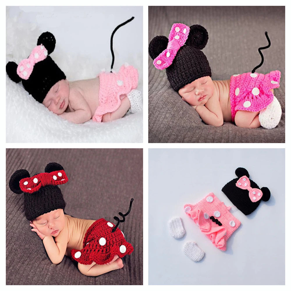 Baby Boy & Girl 3-Pack Minnie Knitted Handmade Photography Props – Newborn 0-3M Baby Clothing Costumes