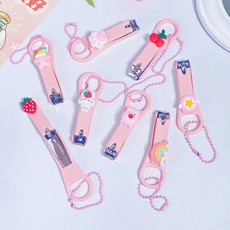 Girls Heart Pink Nail Clippers with Bead Chain Cartoon Bear Rabbit Nail Trimmer Cutter for Baby Kids Care Manicure Tools