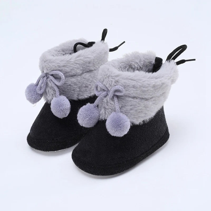 Winter Plus Velvet Snow Booties for Baby, Warm Boots Shoes, Baby Girl Shoes with Pompom, Soft Sole Indoor Walking Shoes