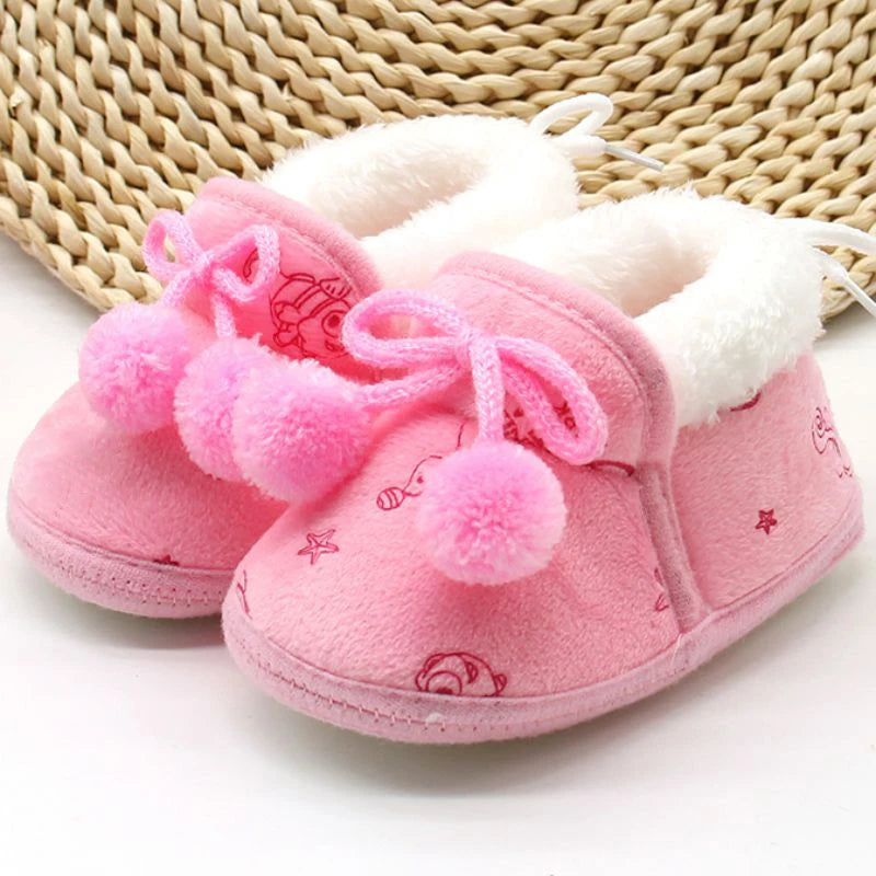 Winter Snow Baby Boots, Cute Bear Warm Fluff Balls, Indoor Soft Sole Infant Newborn Toddler Baby Shoes 0-18M