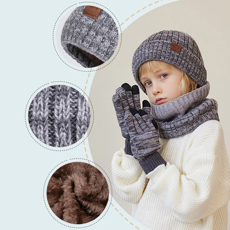 Winter Children’s Hat, Scarf & Gloves Set – Knitted Beanie with Thick Velvet Lining – Warm Neck Warmer & Mittens for Boys & Girls (4-10Y)