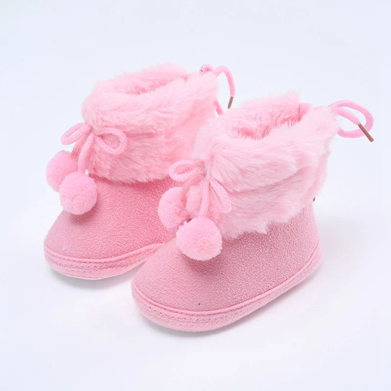 Winter Plus Velvet Snow Booties for Baby, Warm Boots Shoes, Baby Girl Shoes with Pompom, Soft Sole Indoor Walking Shoes