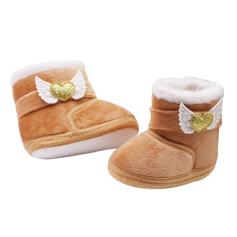 Suefunskry Newborn Baby Winter Snow Boots, Contrast Color Ankle Boots, Warm Plush Heart Wings Baby Walking Shoes for Toddlers (0-18M)
