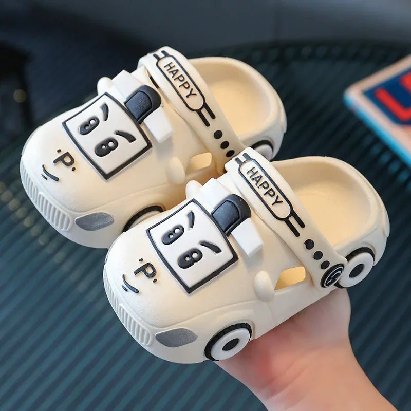 Summer Kids’ Hollow Sandals – Cute Cartoon Car Home Slippers, Breathable Non-Slip Beach Shoes for Boys & Girls