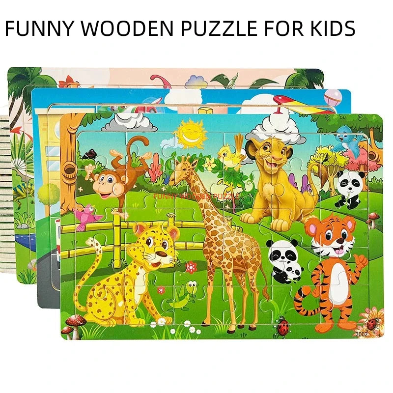 Logic Thinking Wooden Puzzle Game – Animal and Vehicle Cartoon Educational Toy for Kids